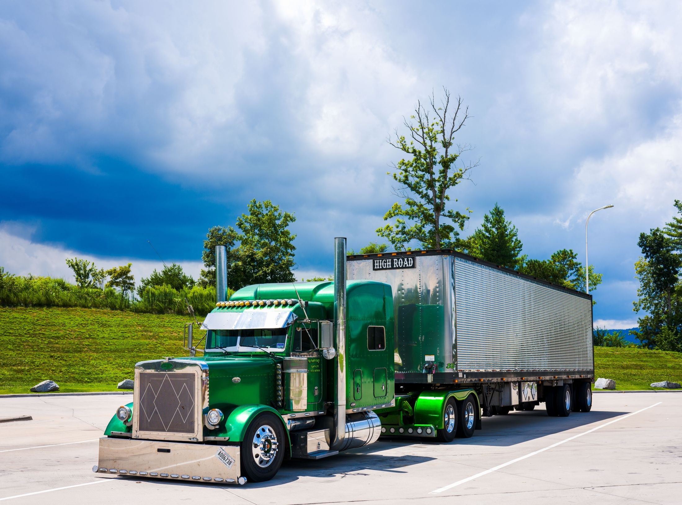Green conventional semi truck and trailer parked beside trees